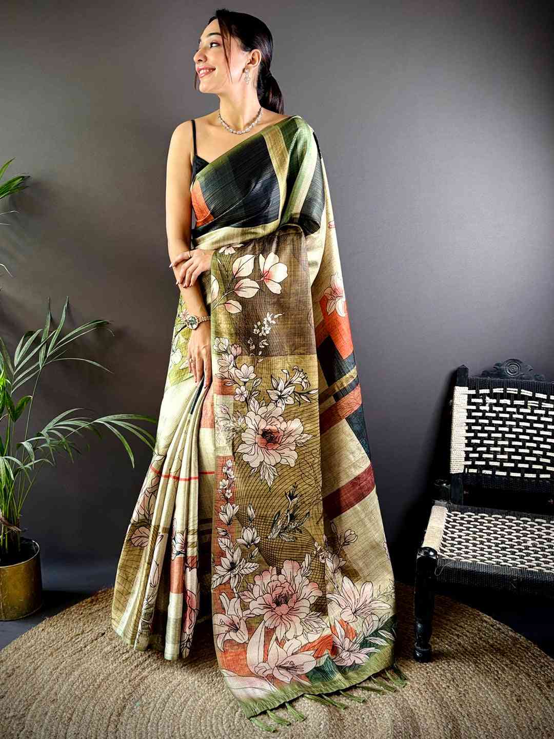 Light Green Tussar Zari Floral Saree by My Store