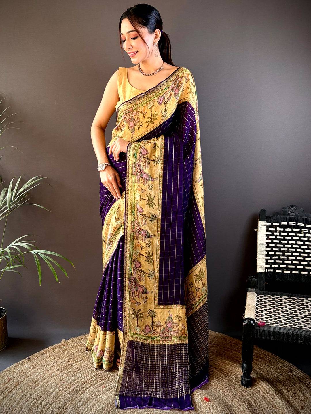 Purple Chinnon Chiffon Kalamkari Saree by My Store