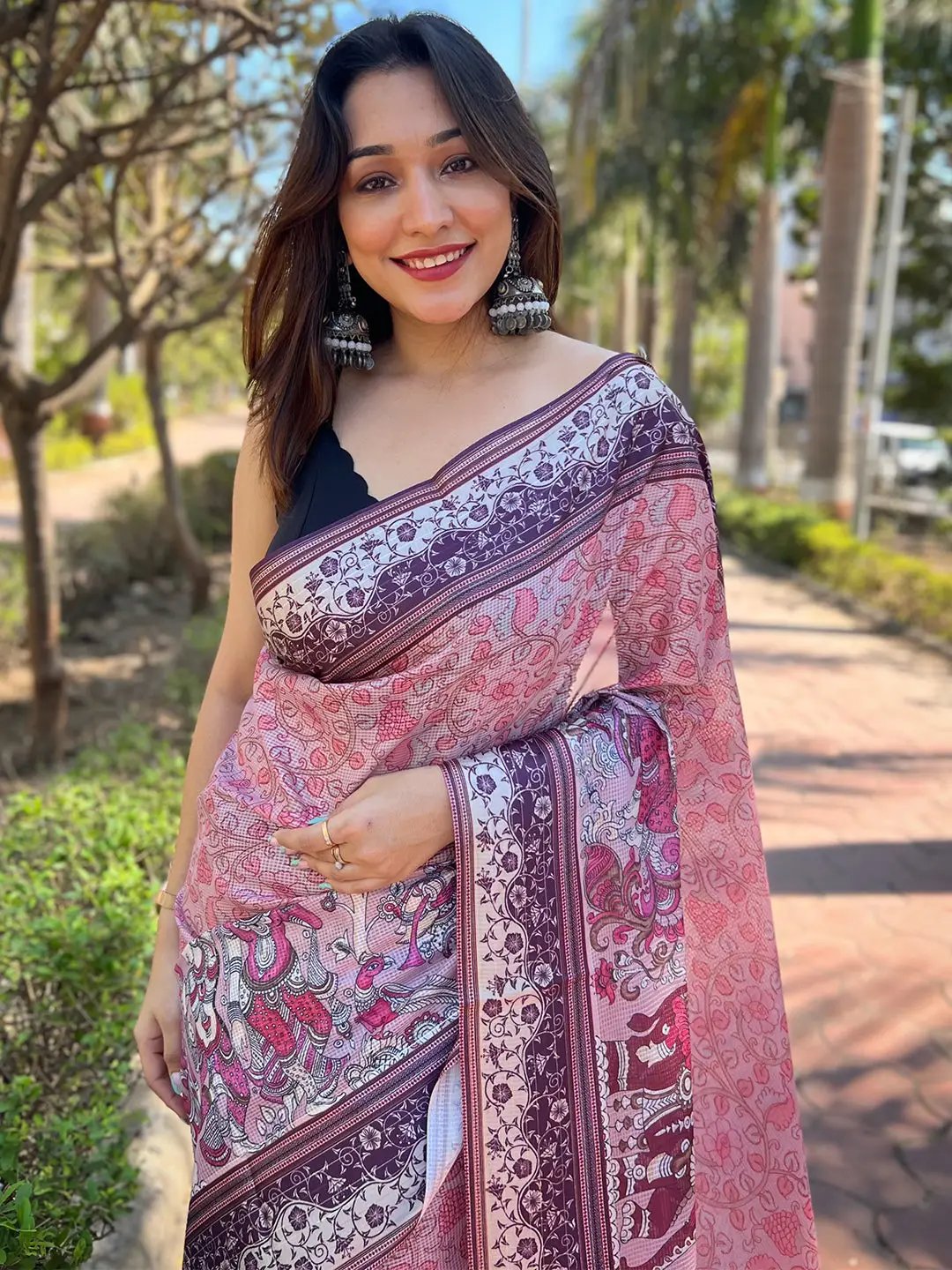 Satin Kota Doria Saree With Kalamkari Digital Print In Pink Colour by My Store