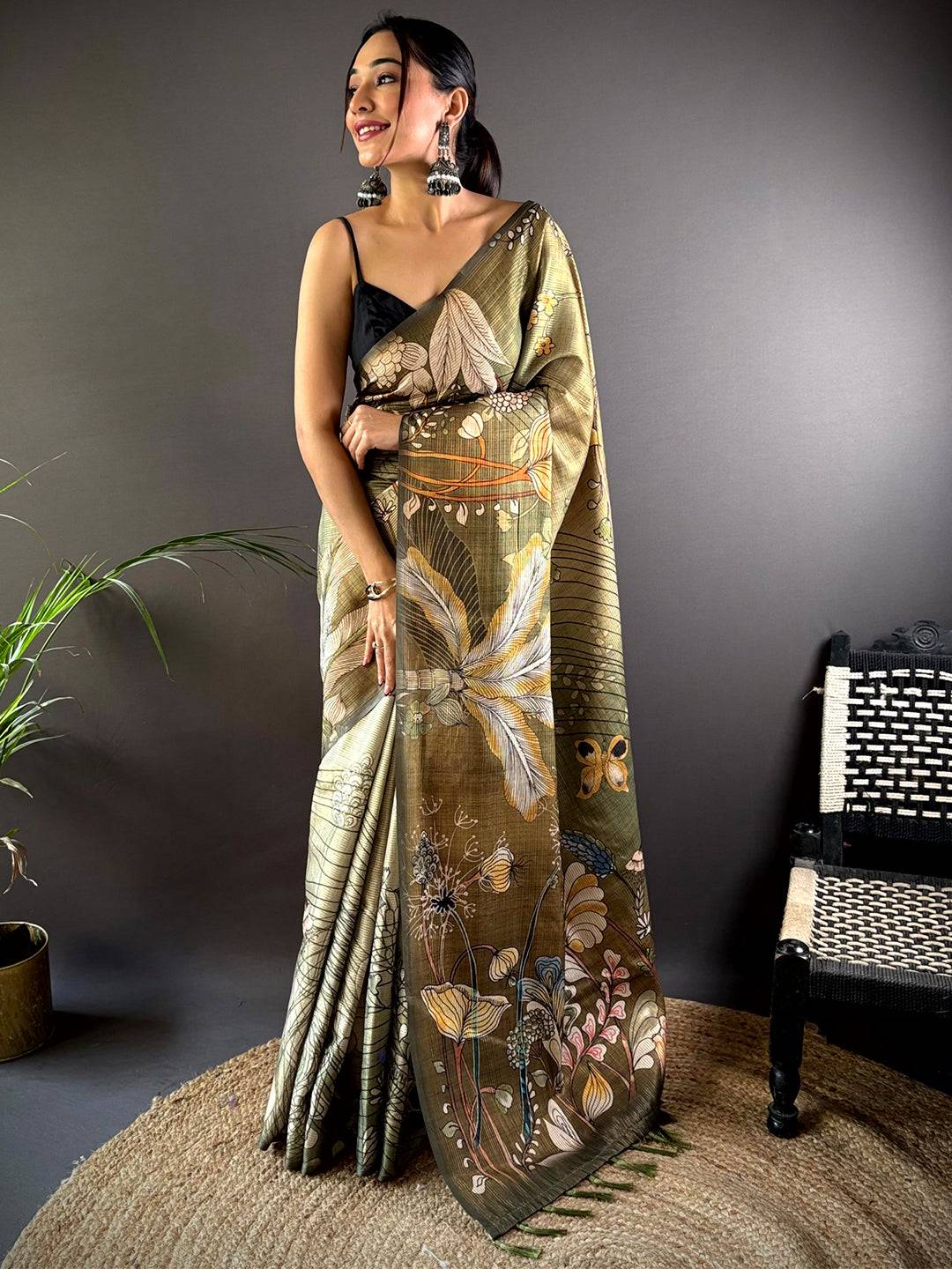 Olive Green Semi Gold Zari Botanical Tussar Saree by My Store