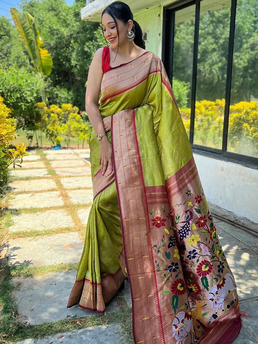 Lime Green Colour Paithani Silk Pichwai Woven Saree by My Store