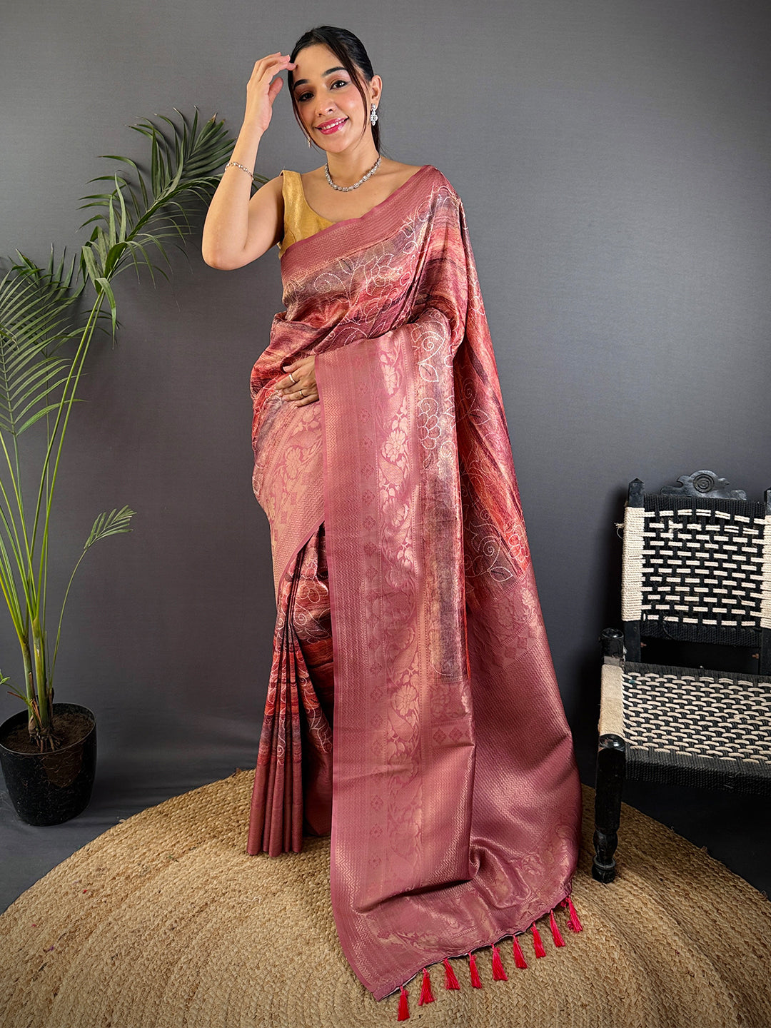 Rust Red Kanjivaram Silk Digital Print Saree by My Store