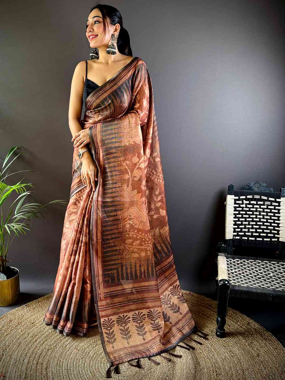 Coffee Brown Floral Stripes Tissue Saree by My Store