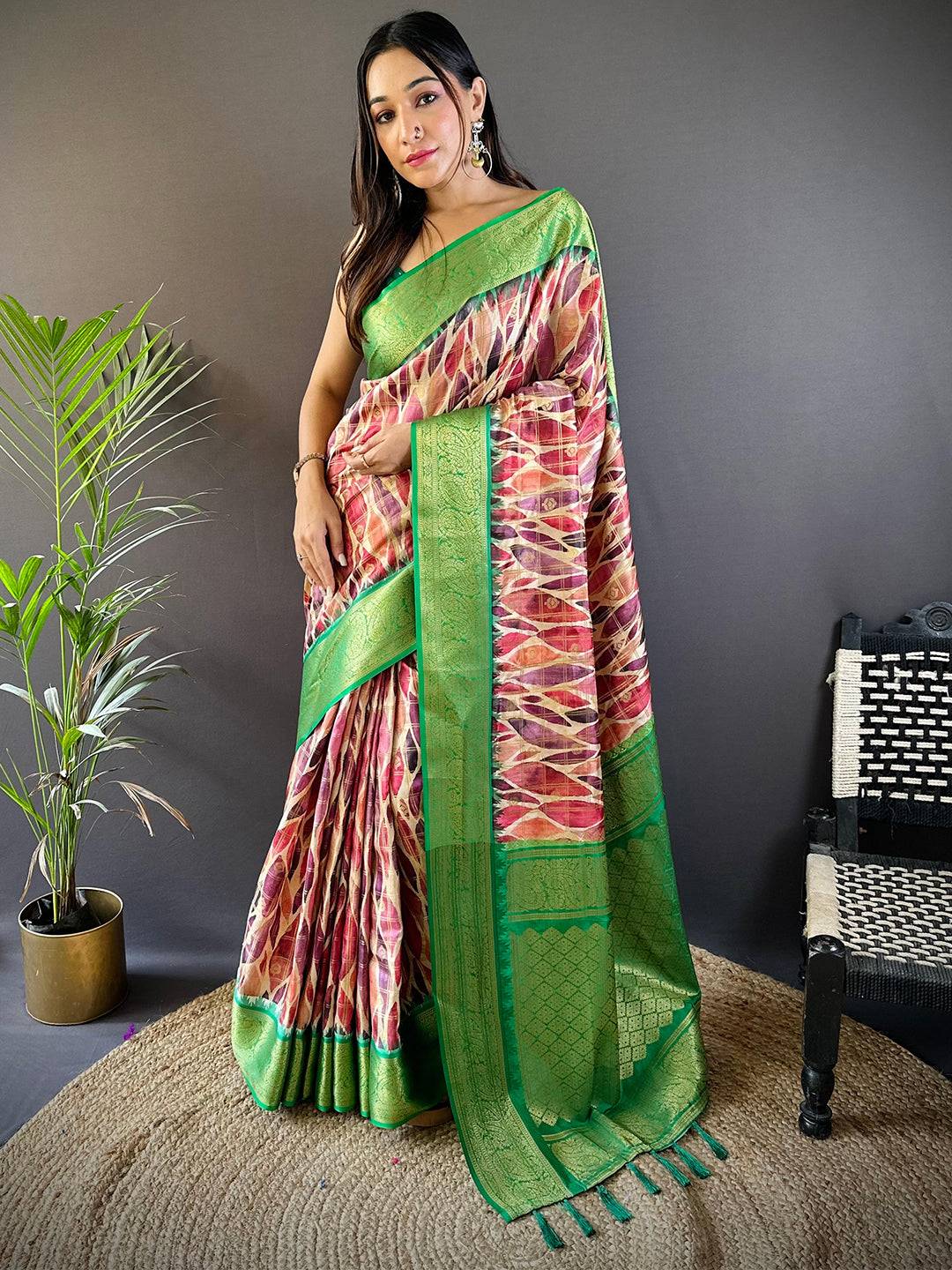 Green Kovai Rettapet Border Geometric Saree by My Store