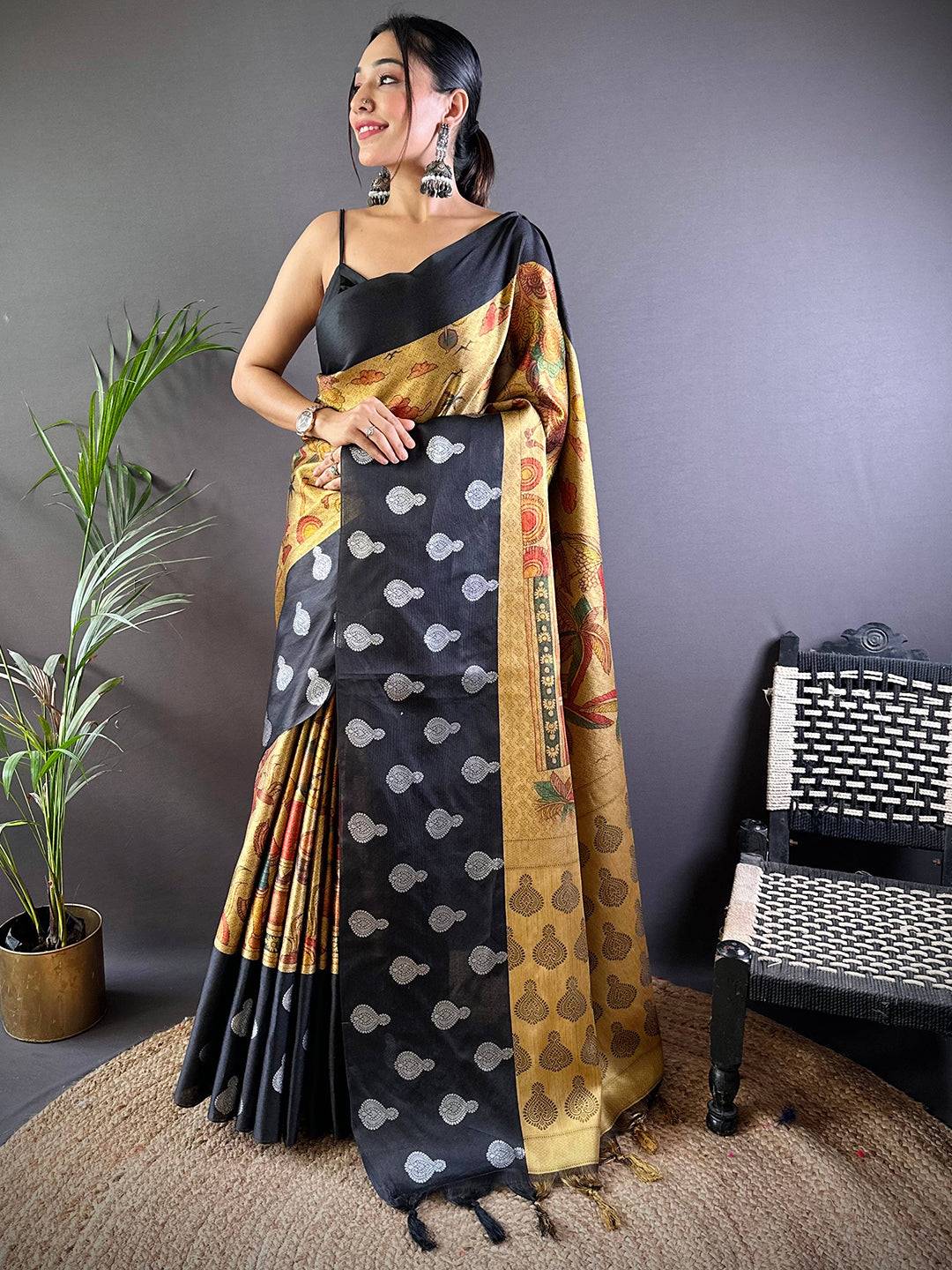 Mustard Yellow Kora Silk Kalamkari Print Saree by My Store