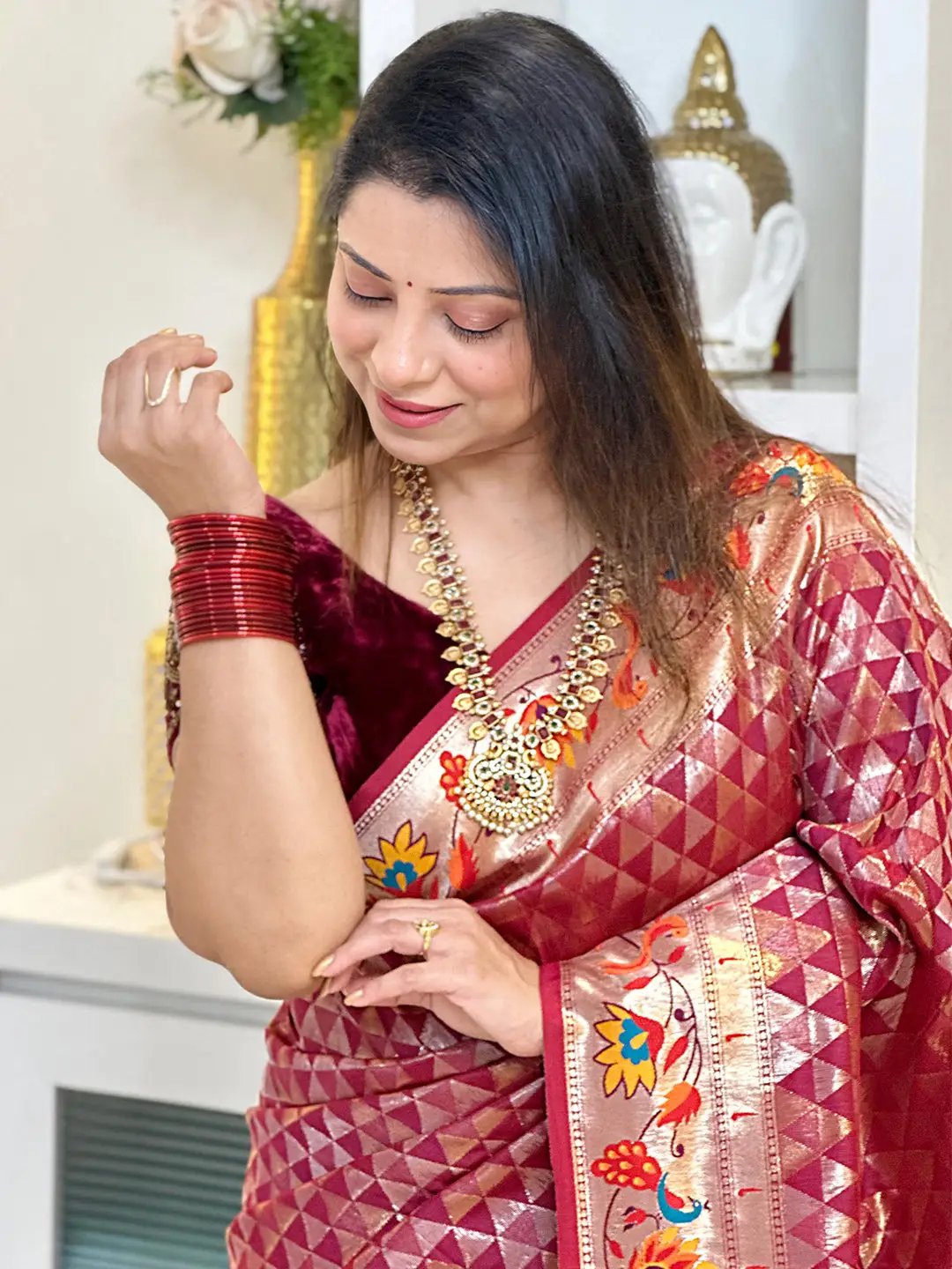 Wine Silk Blend Woven Zari Work Paithani Saree