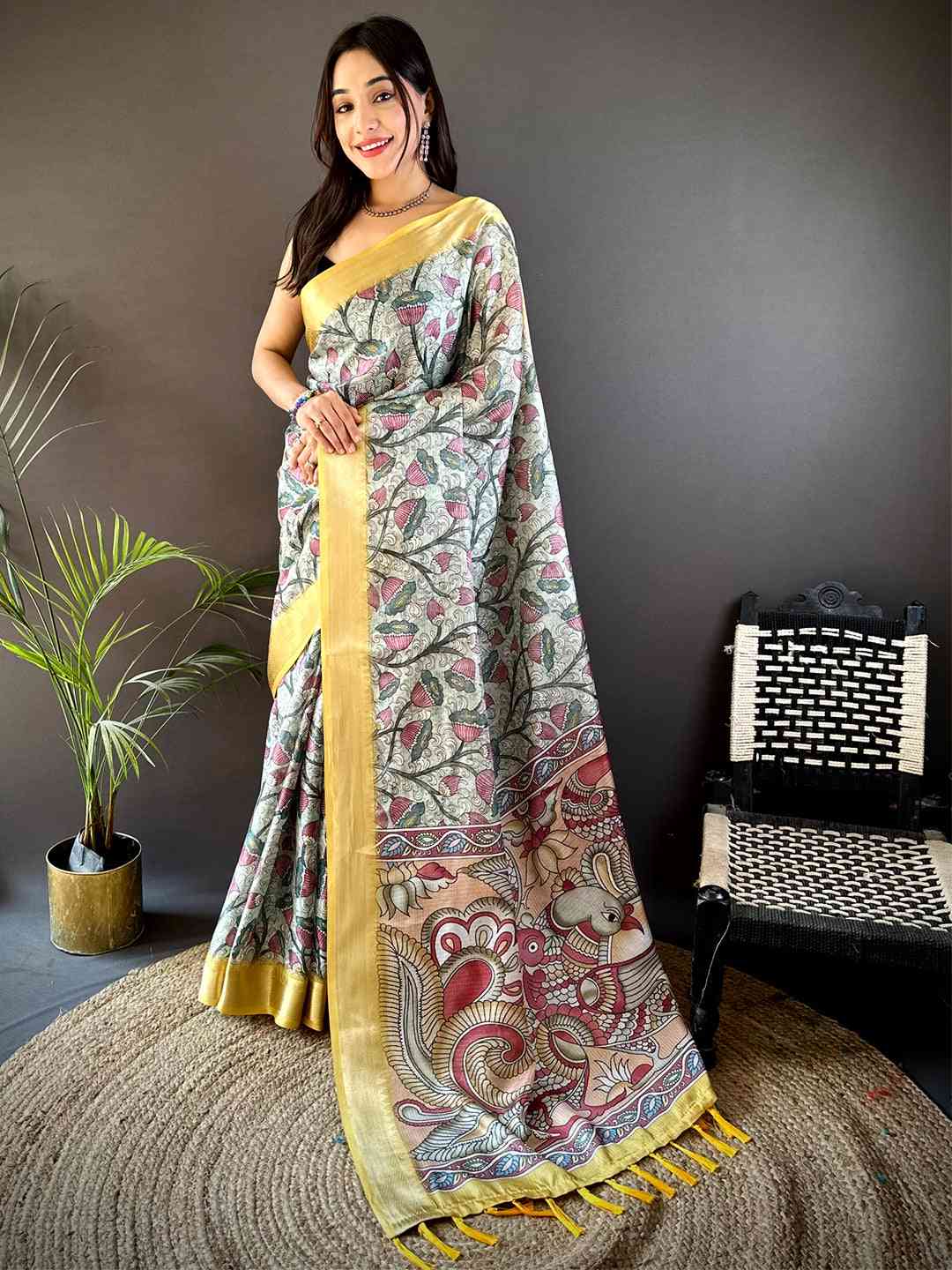 Mint Green Kota Doriya Floral Kalamkari Print Saree by My Store