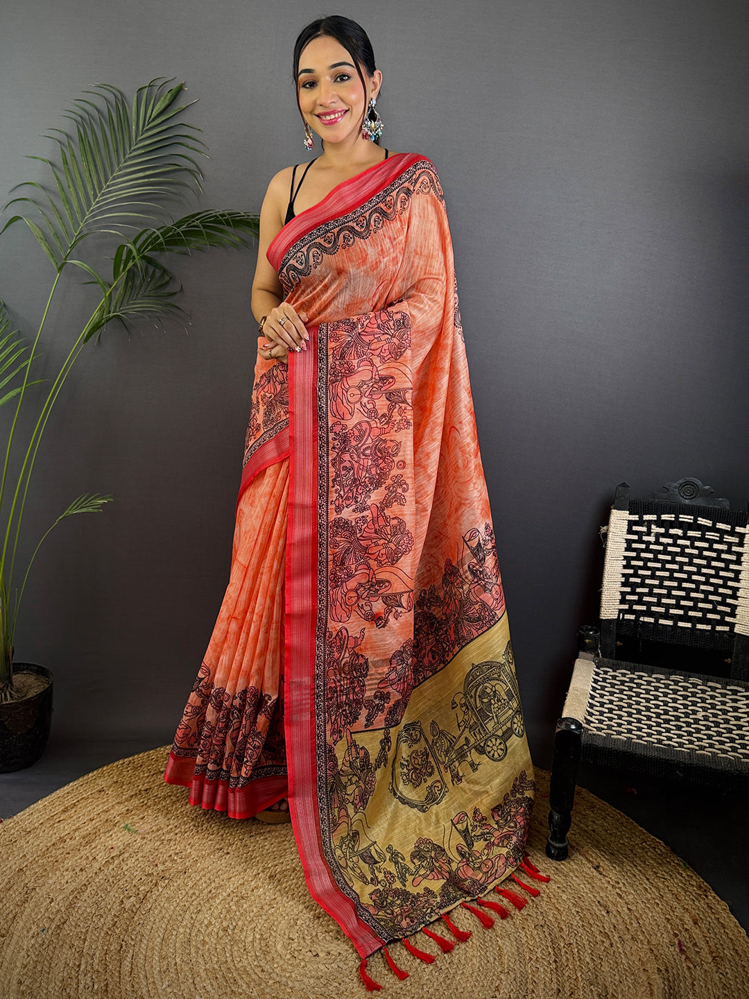 Red Linen Kalamkari Printed Saree by My Store