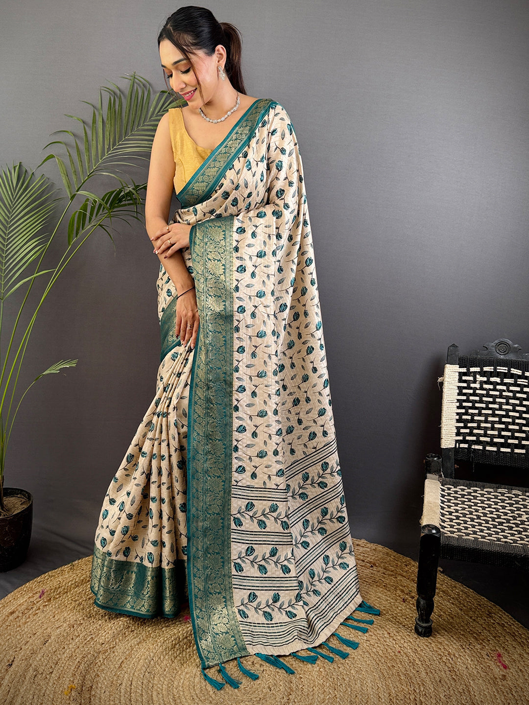Radiant Leaf Print Soft Dola Silk Saree by My Store