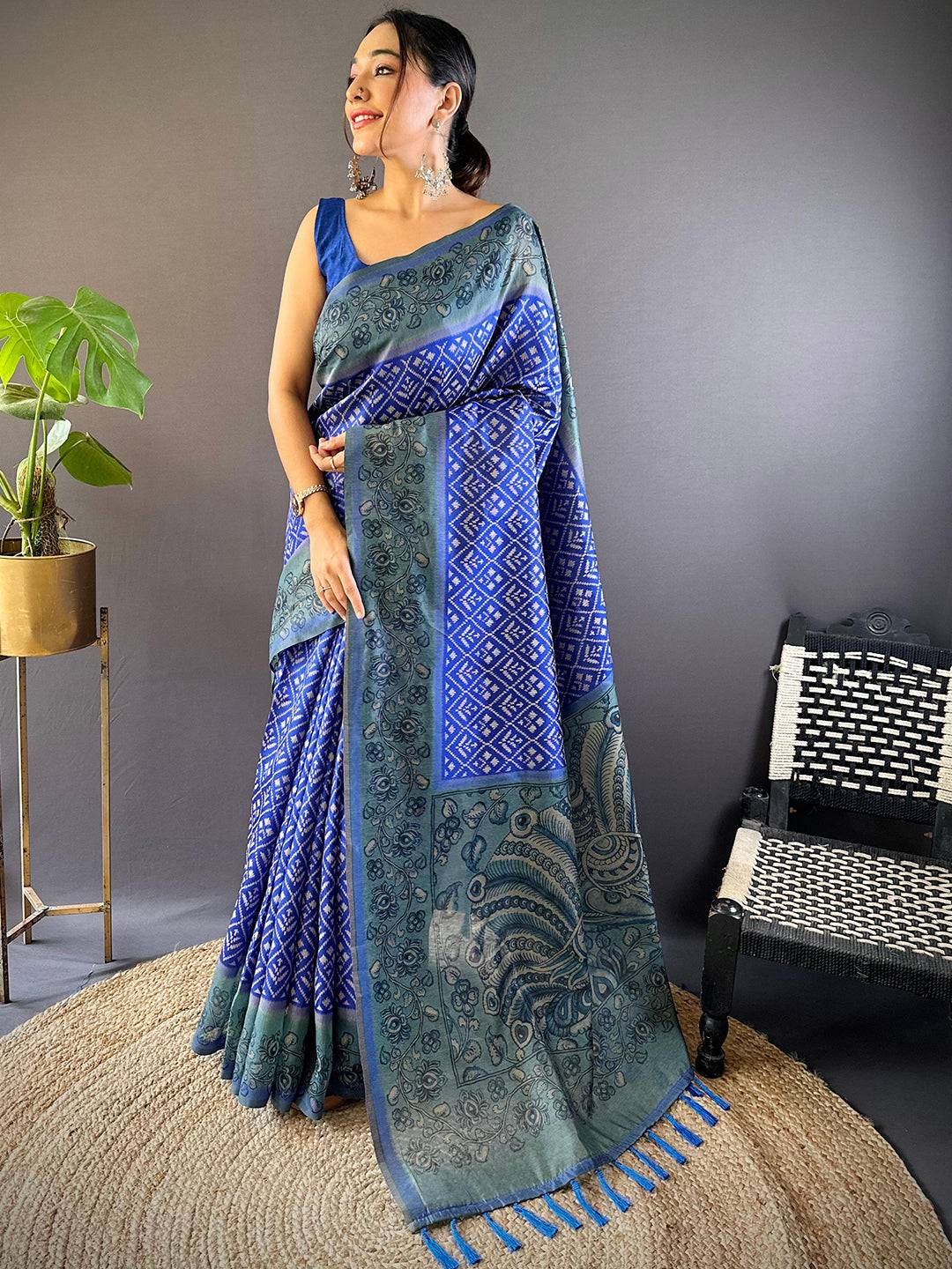 Indigo Patola Kalamkari Saree by My Store