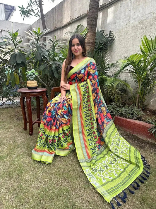 Floral Ikkat Printed Party Wear Saree by My Store