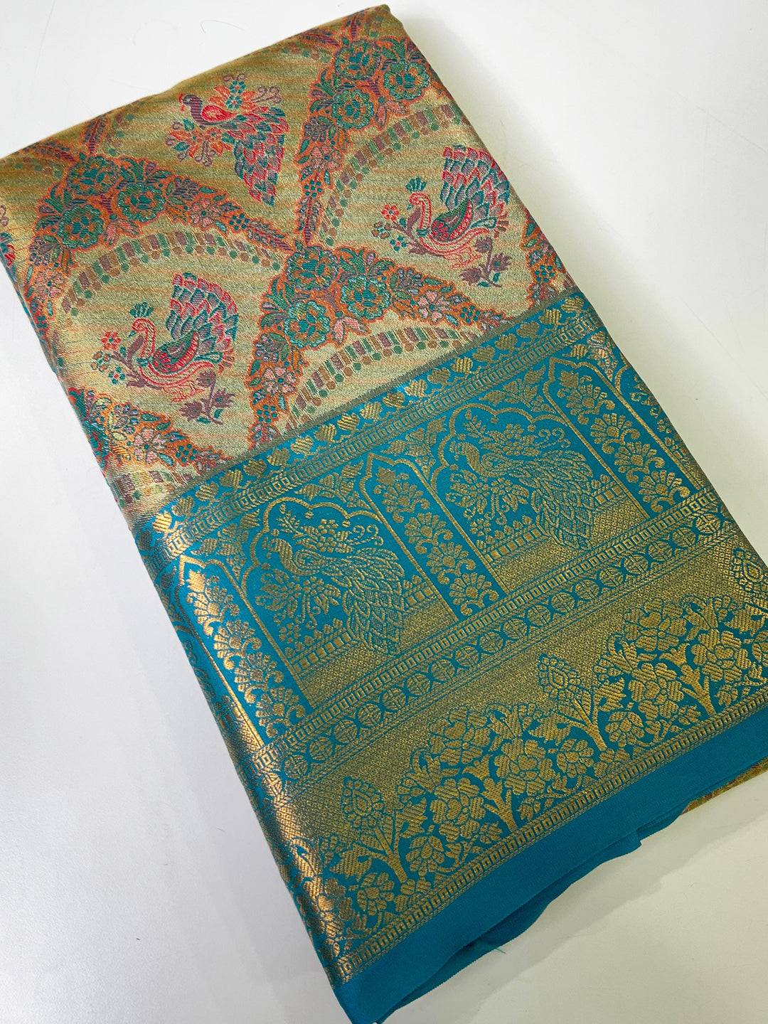 Majestic Rama And Gold Peacock Saree by My Store