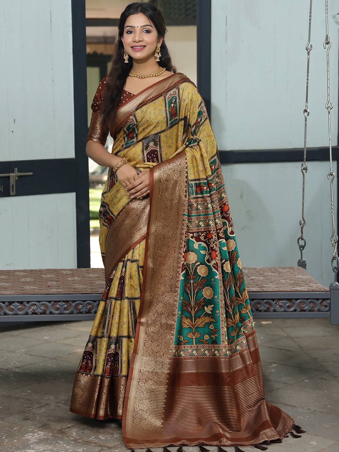 Viscose Dola Silk Mustard Colour Saree with Floral and Mughal Print - Luxe