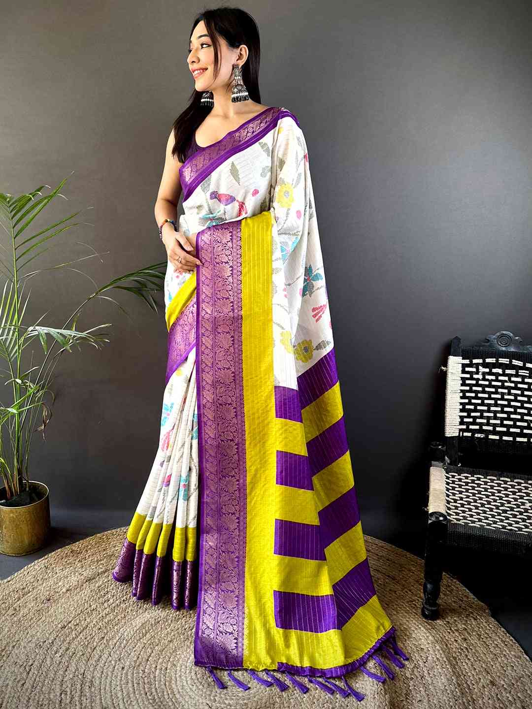 Purple Dola Silk Bird Print Saree by My Store