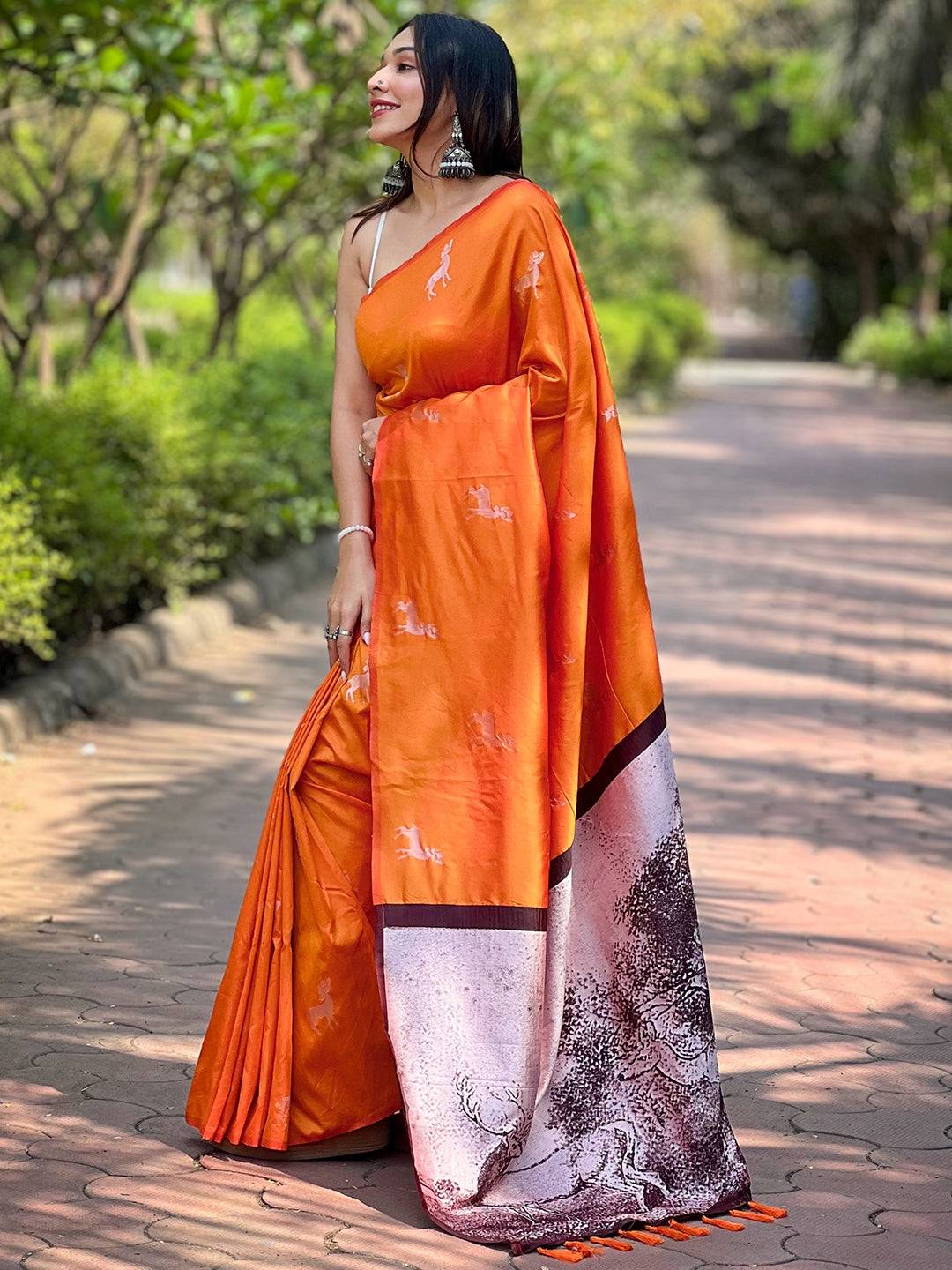 Orange Soft Silk Saree With Postar Weaving Zari Pallu by My Store