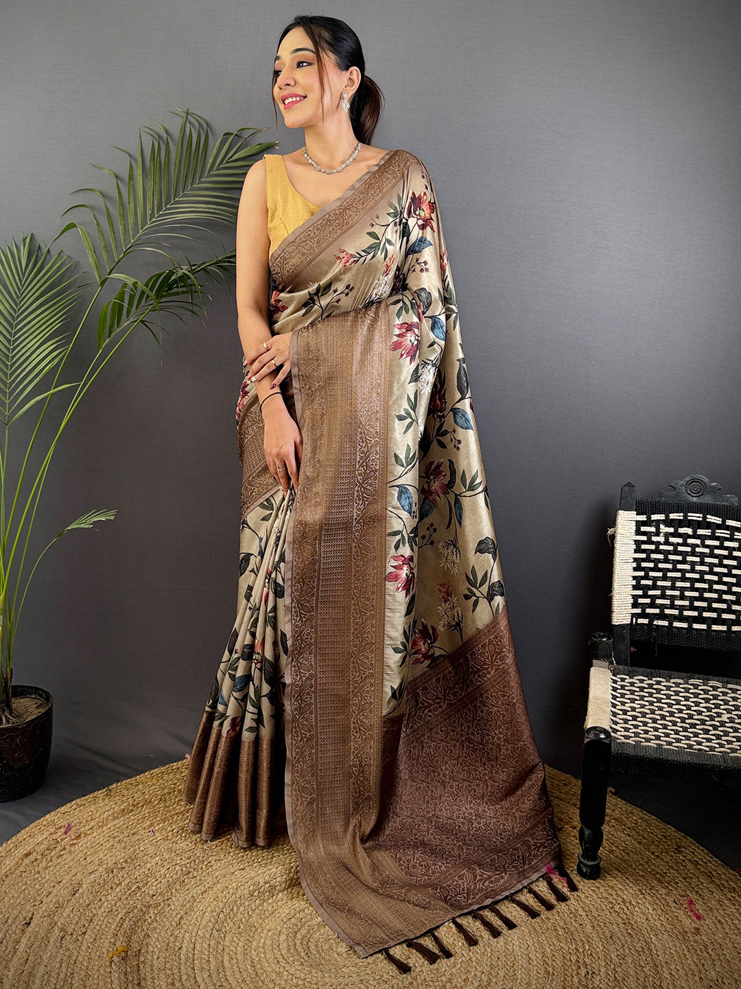Radiant Black Aura Silk Floral Print Saree