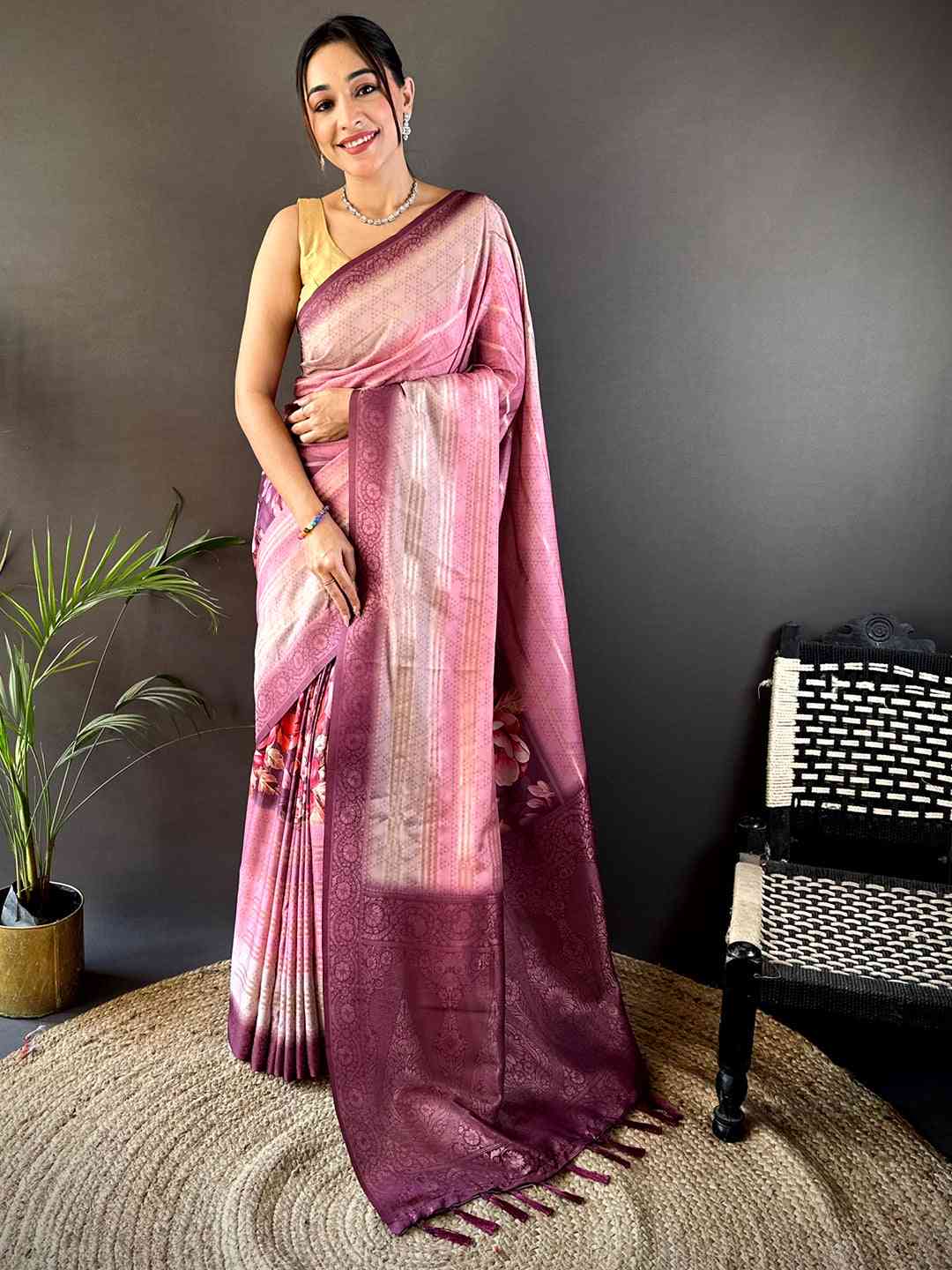 Mauve Kalamkari Ombre Crepe Silk Saree by My Store
