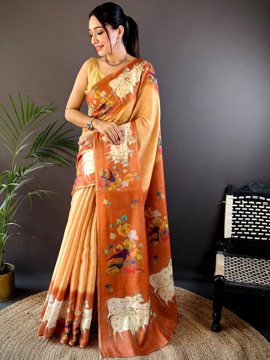 Orange Chanderi Pichwai Print Saree by My Store