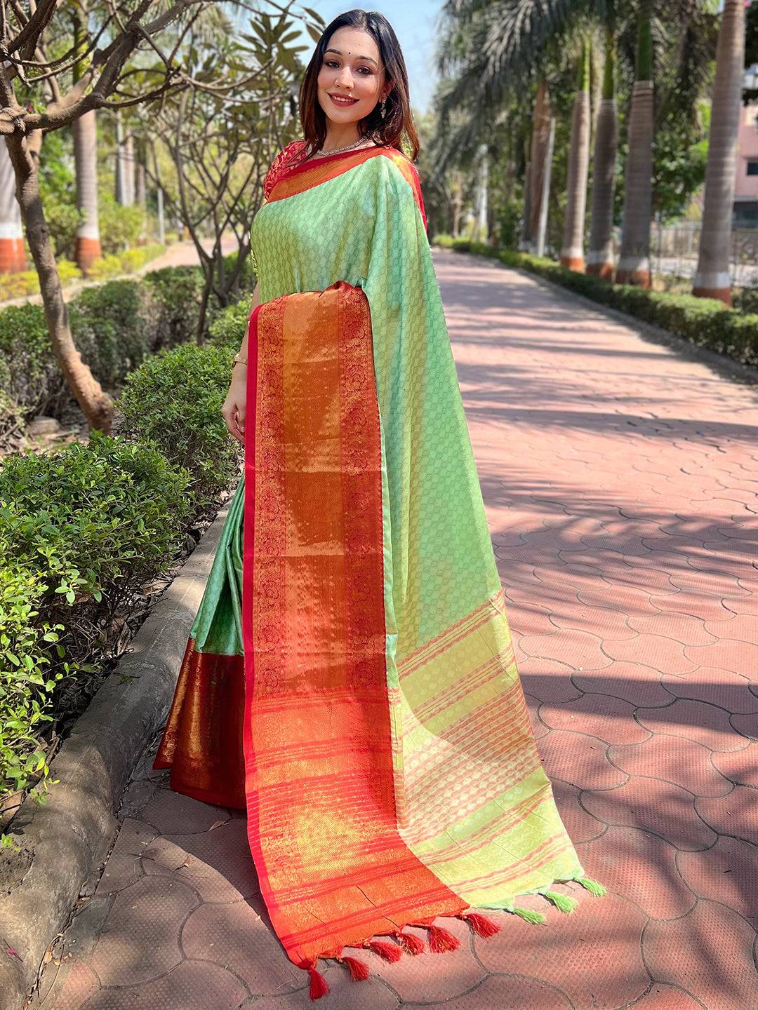 Pista Colour Kanjivaram Aura Soft Silk Saree With Broced Zari Blouse by My Store