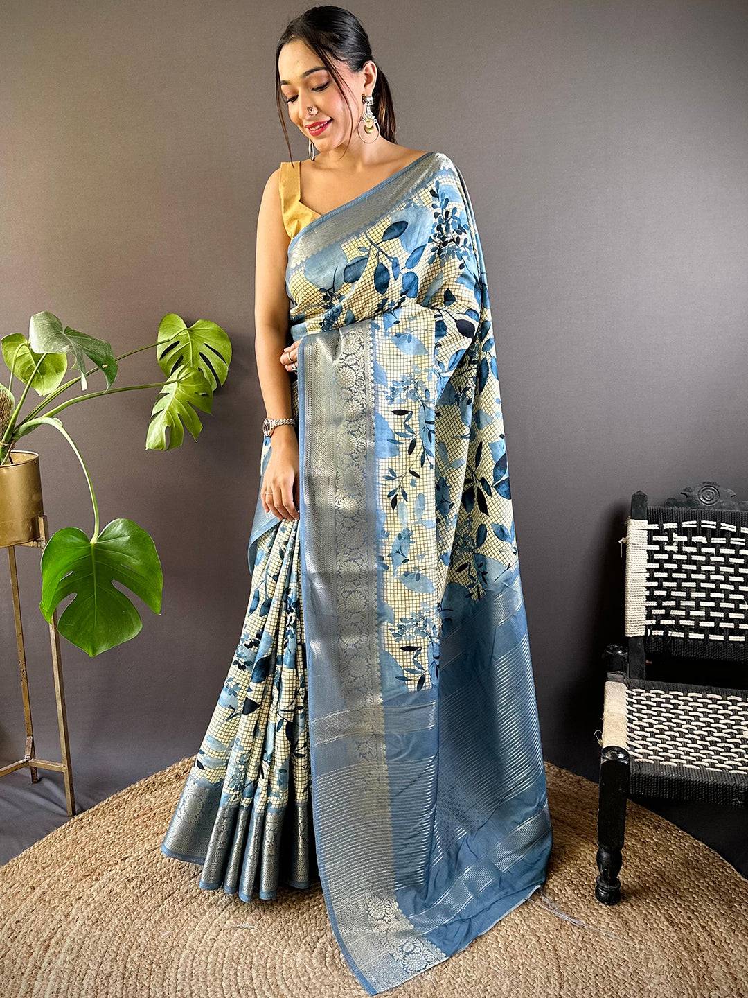 Leaf And Check Sky Blue Viscose Saree by My Store