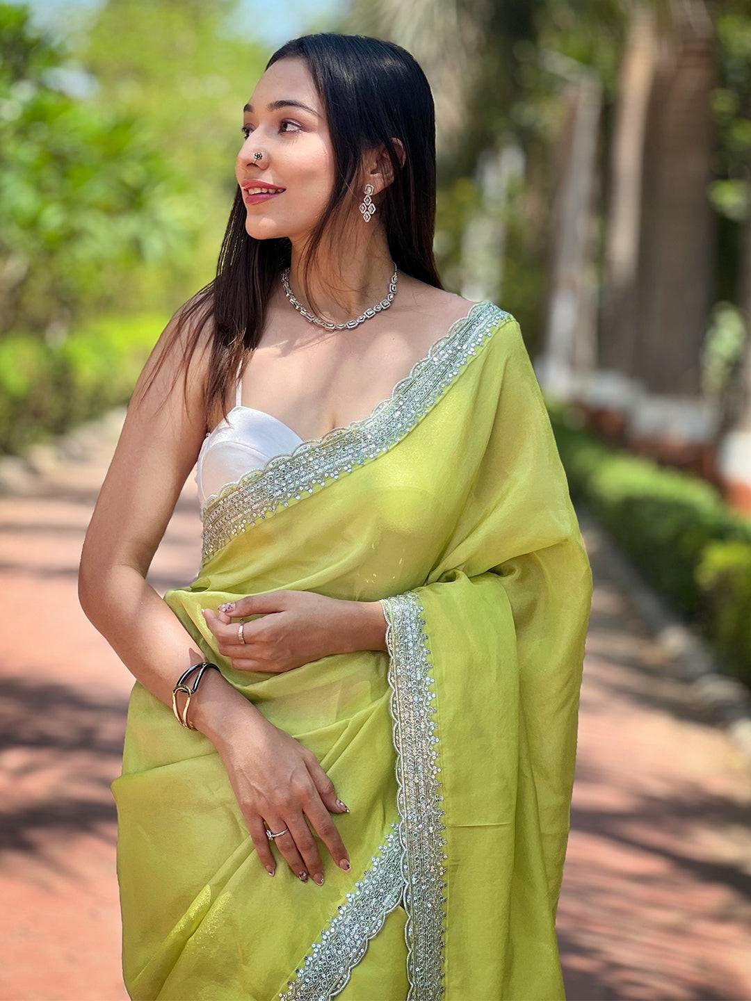 Carnation Green Pure Viscose Dyed Saree by My Store