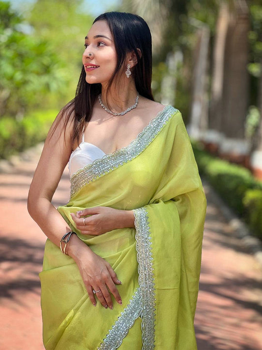 Carnation Green Pure Viscose Dyed Saree by My Store