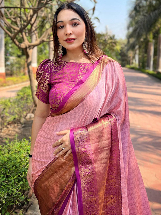 Pink Colour Kanjivaram Aura Soft Silk Saree With Broced Zari Blouse by My Store