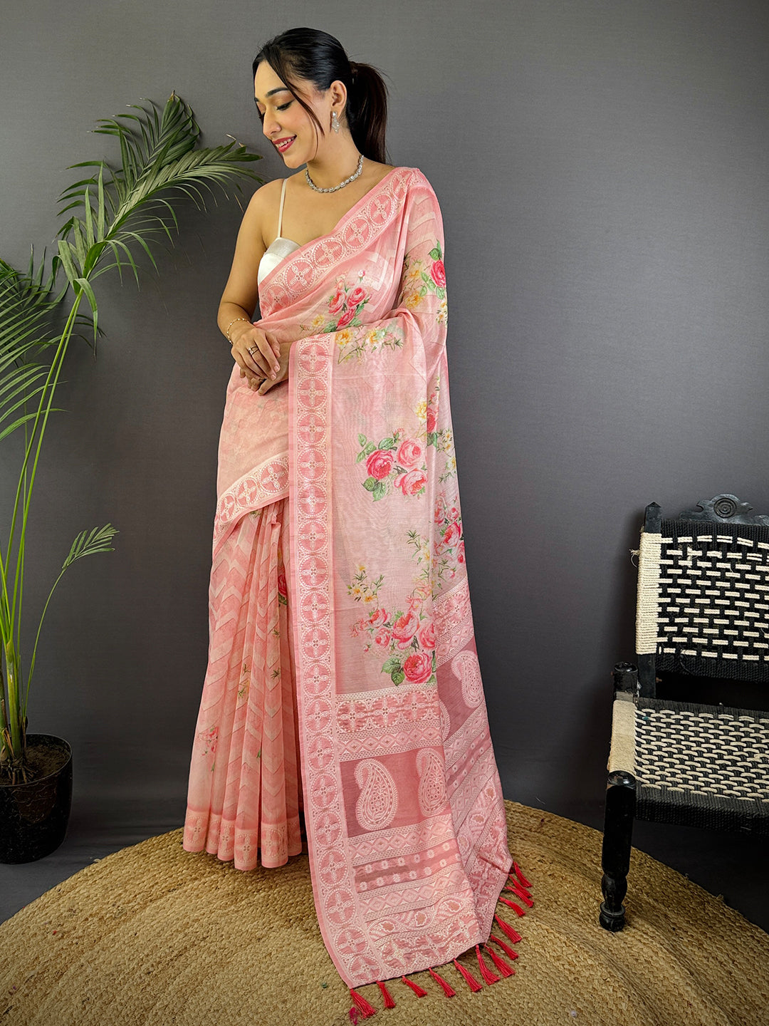 Light Pink Lakhnavi Linen Digital Print Saree by My Store