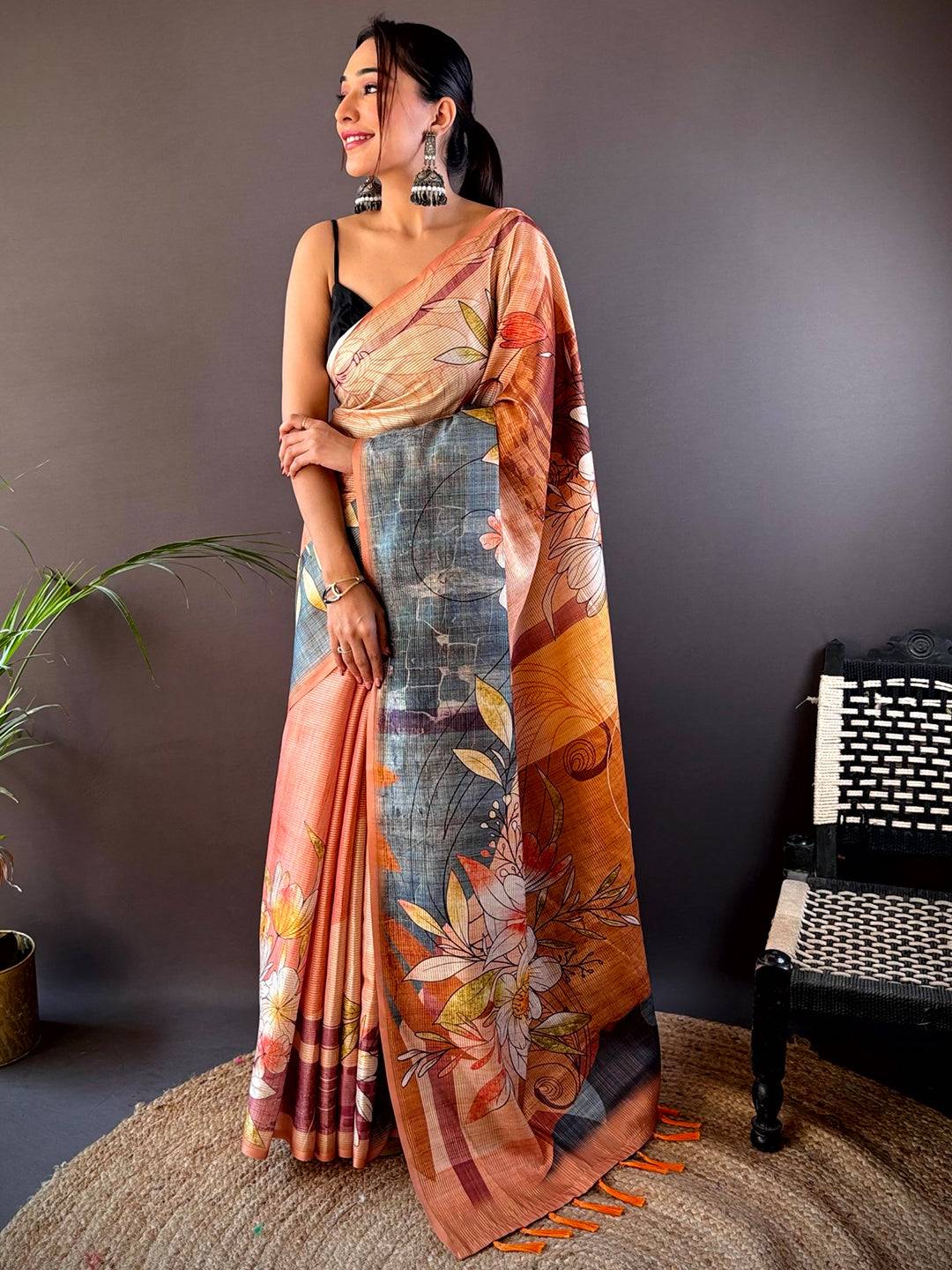 Light Orange Semi Zari Tussar Floral Saree by My Store