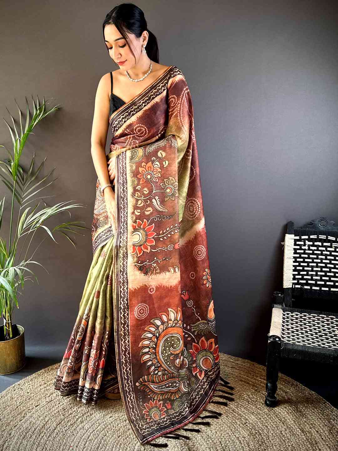 Olive Kalamkari Bandhani Chanderi Saree by My Store