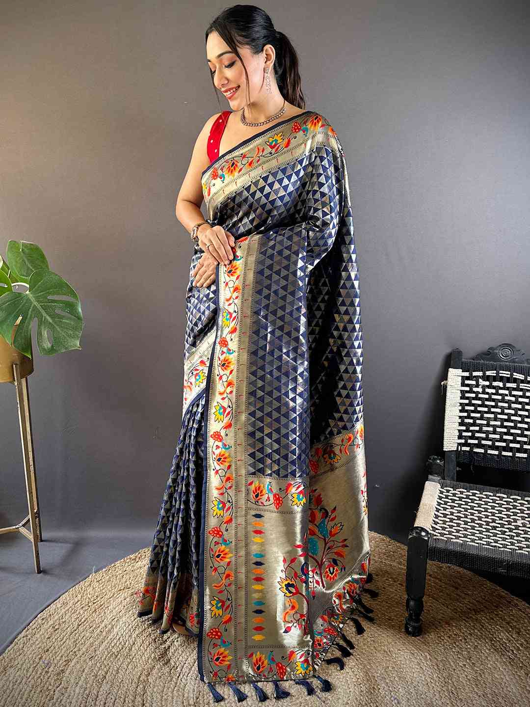 Navy Silk Blend Woven Zari Work Paithani Saree by My Store