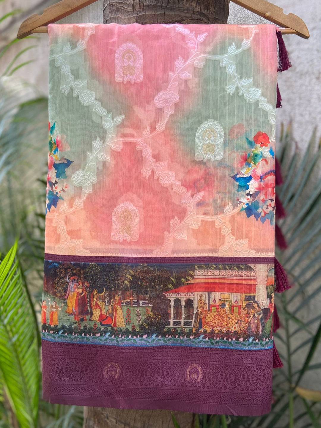 Wine Lakhani Kalamkari Print Saree