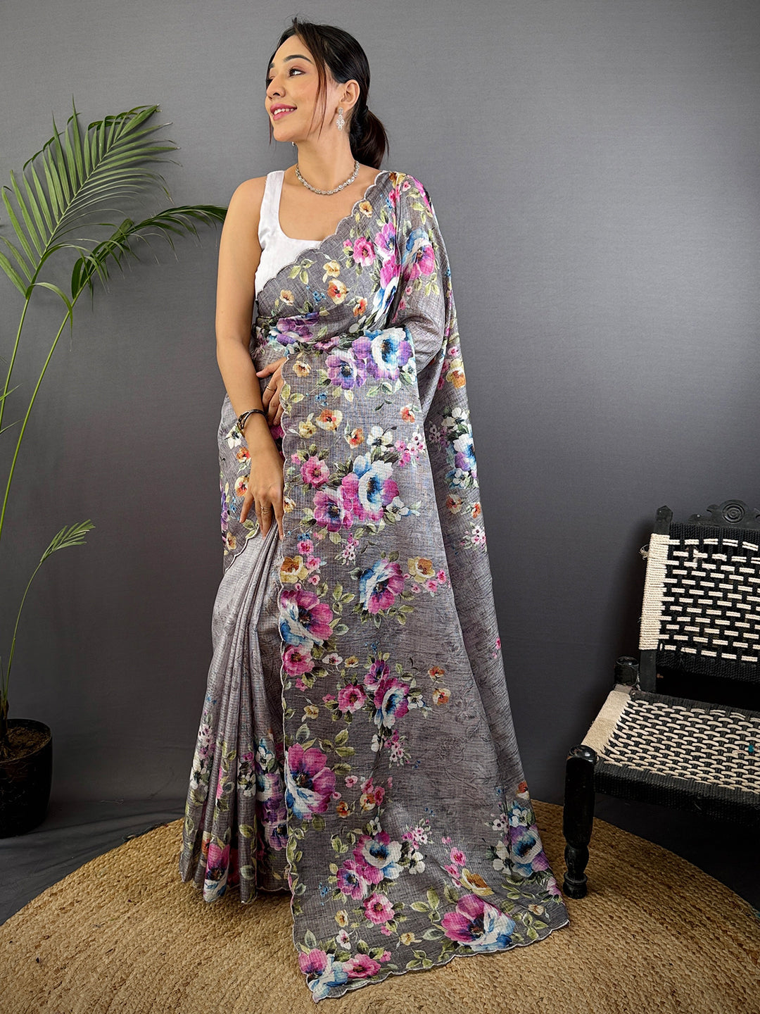 Charcoal Grey Floral Cut Work Kota Saree by My Store