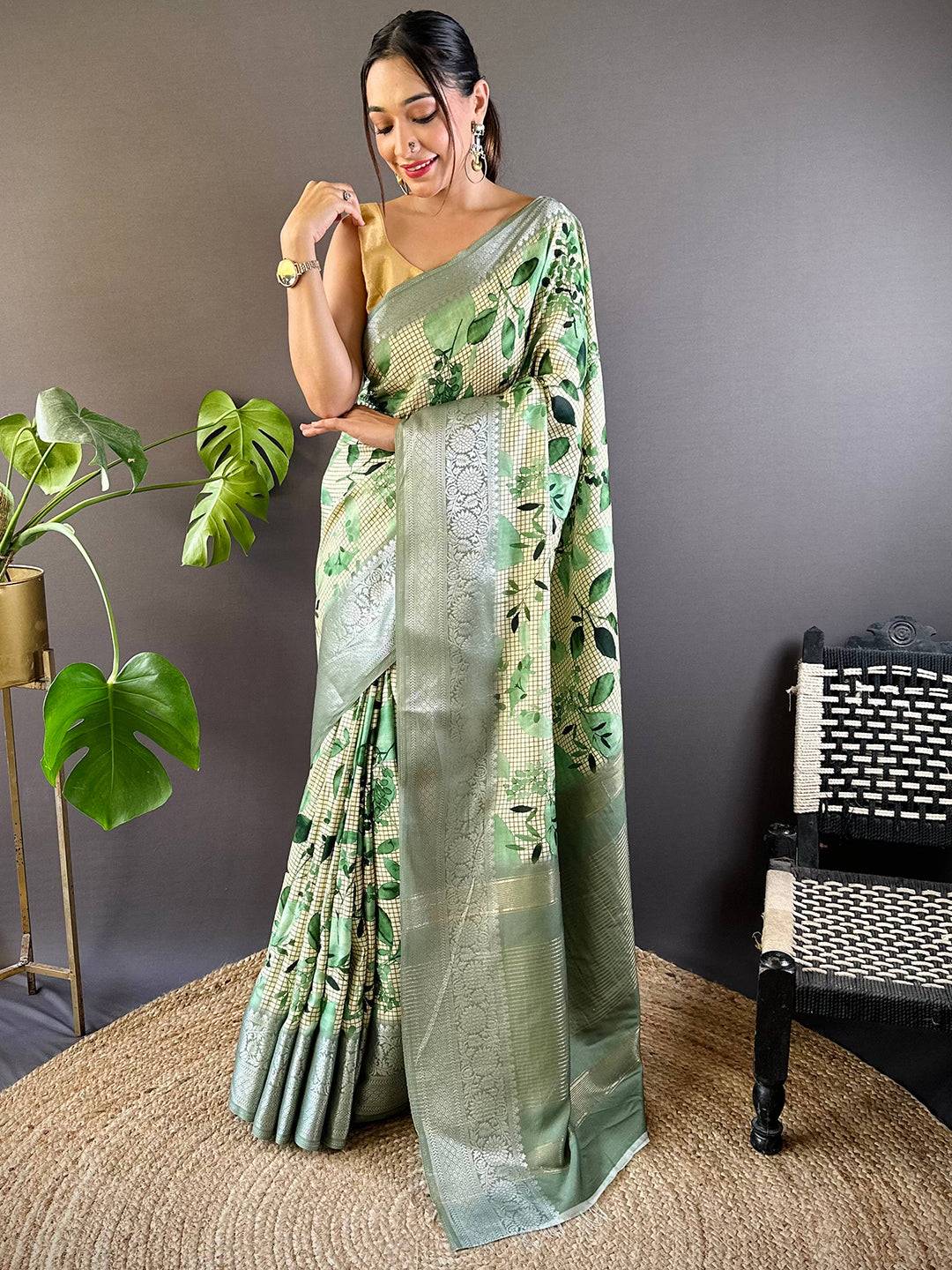 Leaf And Check Light Green Viscose Saree by My Store