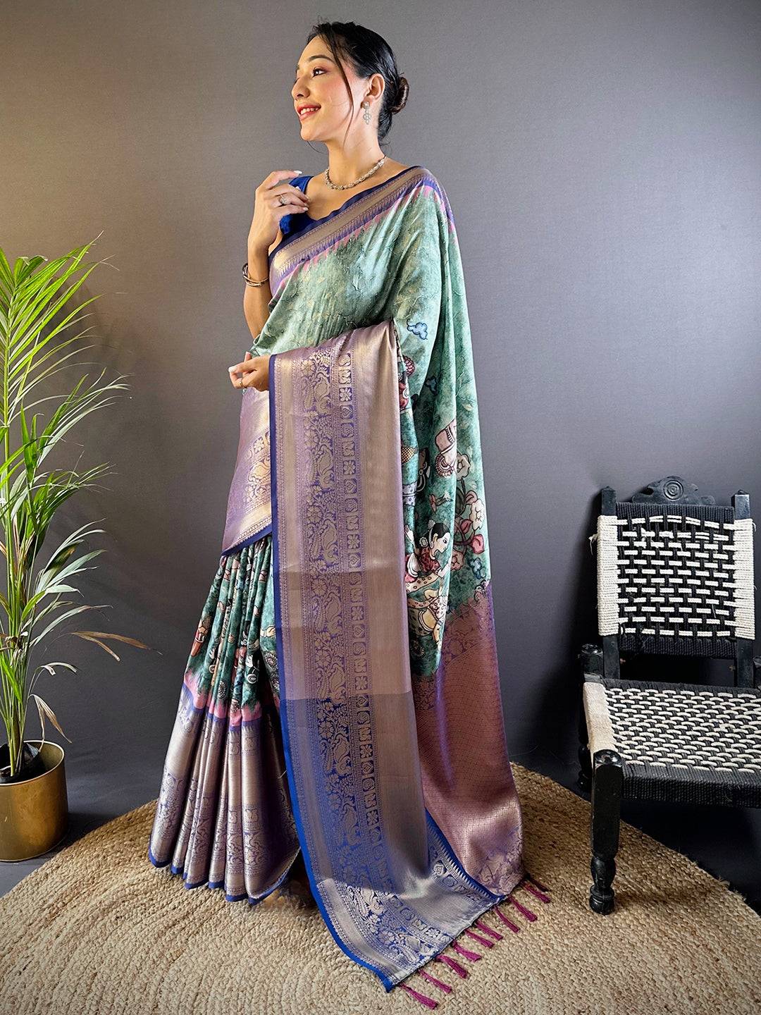 Intricate Aqua Pearl Banarasi Silk Saree by My Store