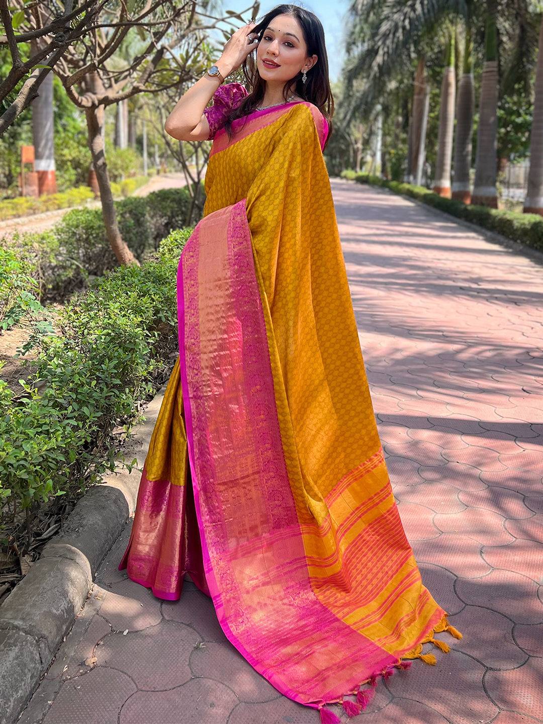 Mustard Colour Kanjivaram Aura Soft Silk Saree With Broced Zari Blouse by My Store