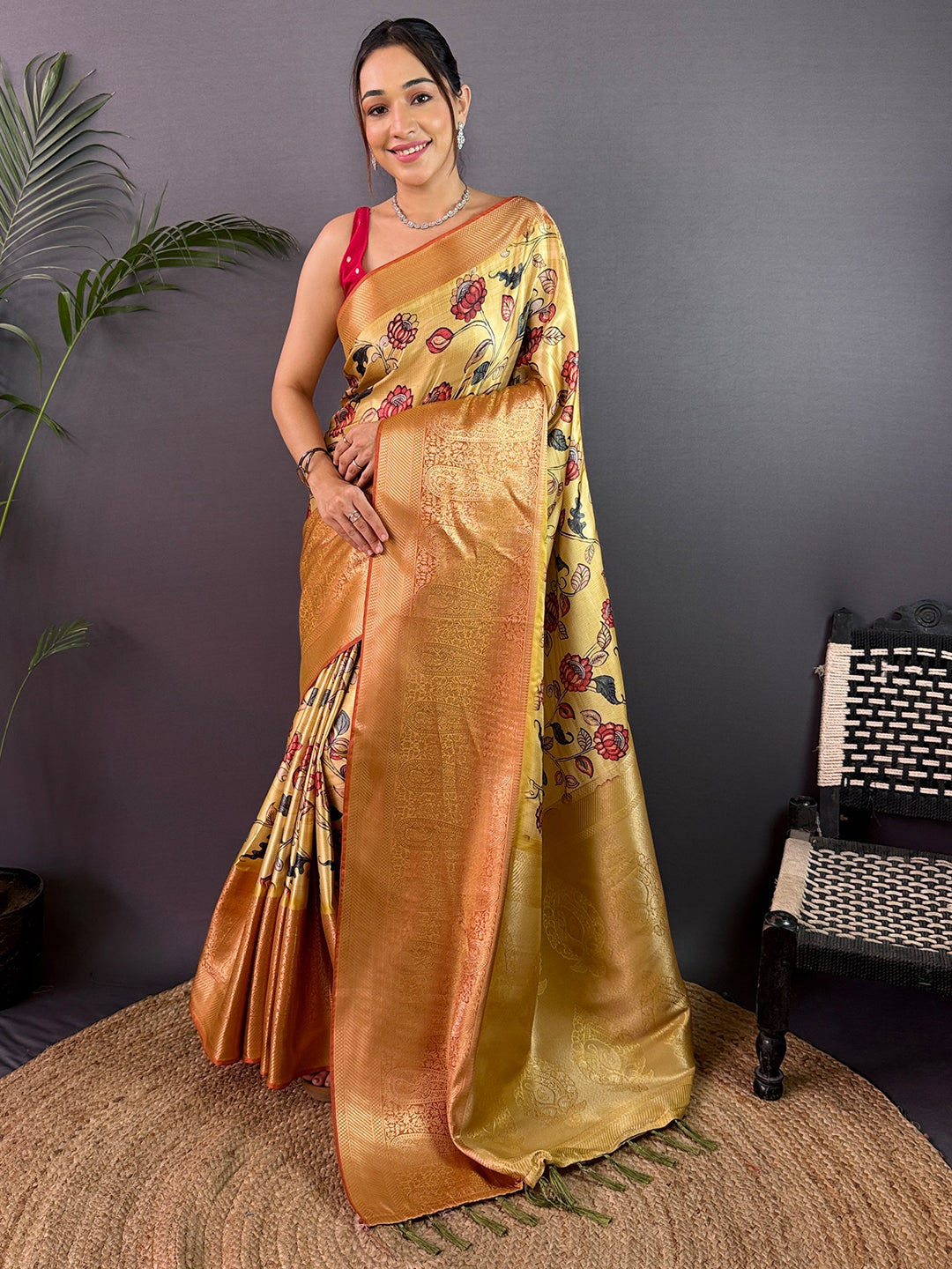 Lemon Yellow Cherry Satin Kalamkari Saree by My Store