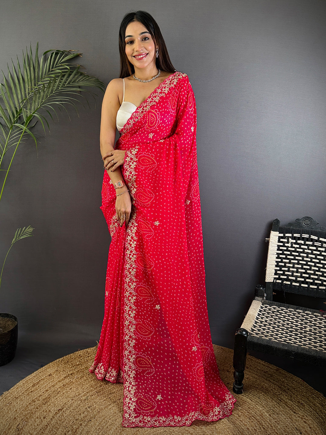 Radiant Pink Soft Georgette Bandhej Print Saree by My Store