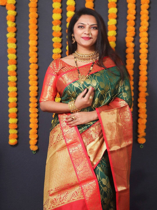 Green Kanjivaram Silk Golden Zari Weaving Saree by My Store