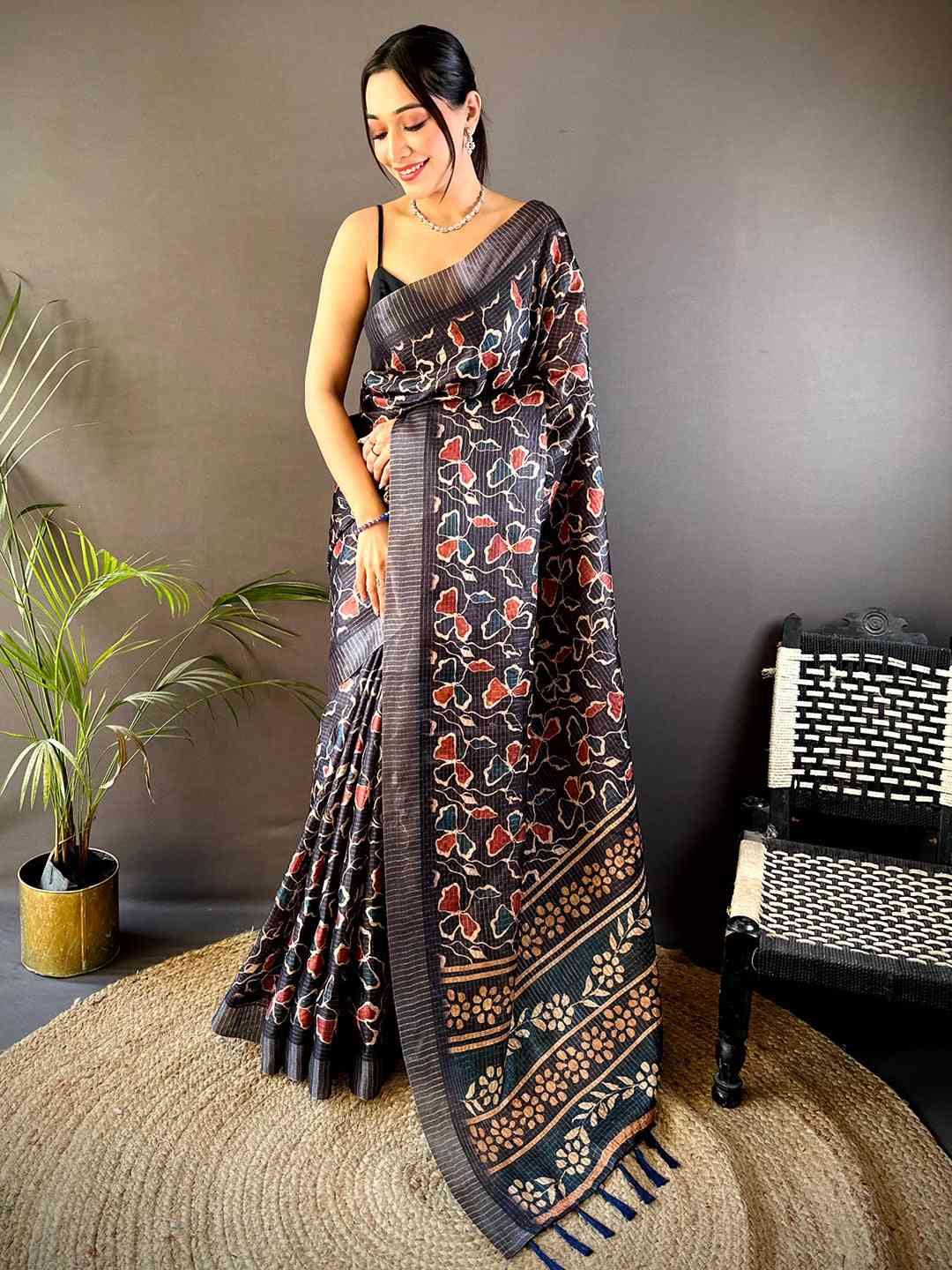 Black Chex Kalamkari Print Saree