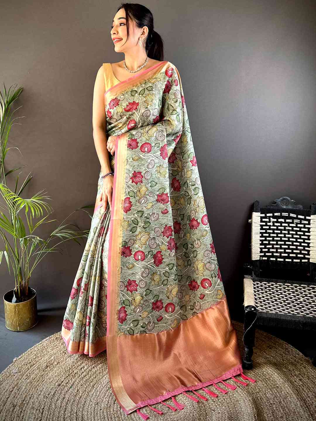 Mint Green Soft Silk Tissue Floral Print Saree by My Store