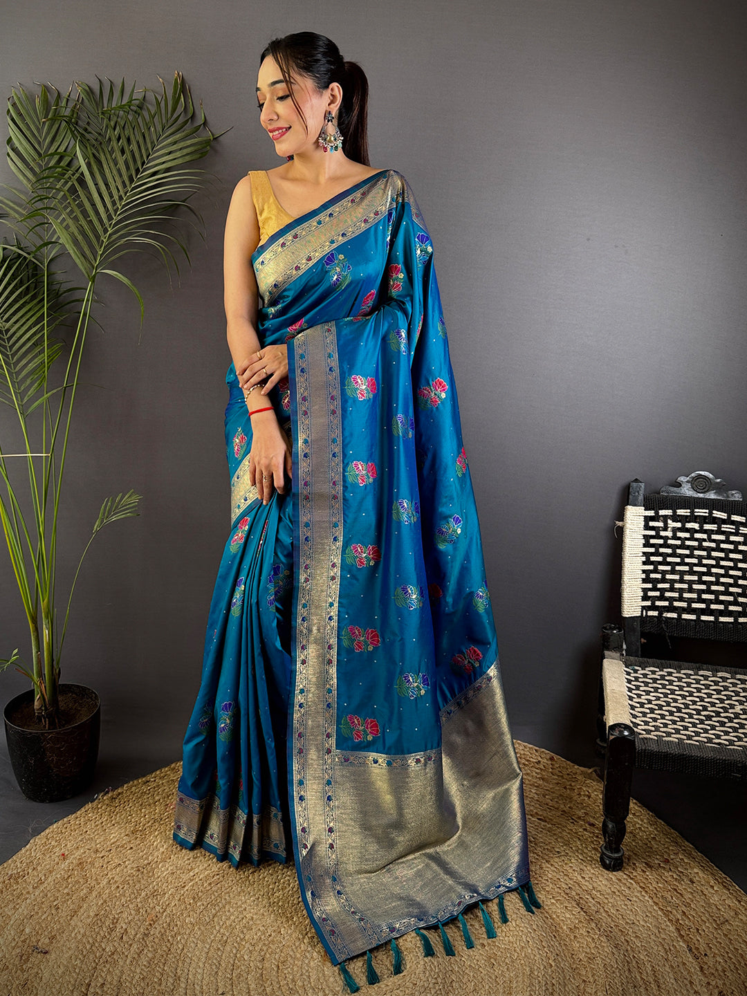 Sky Soft Silk Flowerport Minakari Saree by My Store
