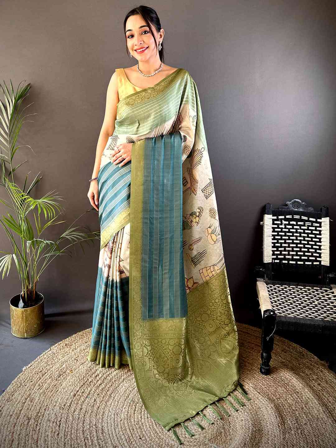 Pista Soft Crep Silk Ombre Print Saree by My Store