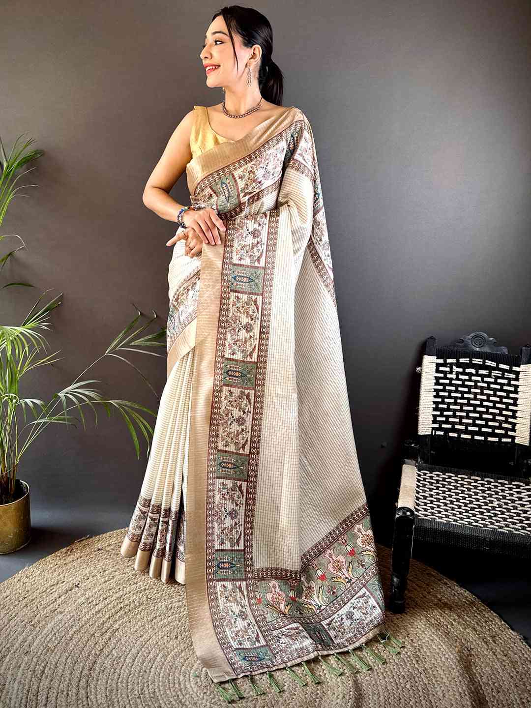 Radiant Off White Soft Silk Digital Print Saree by My Store