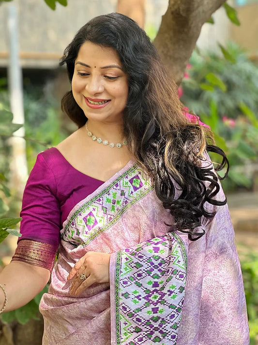 Kanjivaram Weaving Pink Colour Patola Print Saree by My Store
