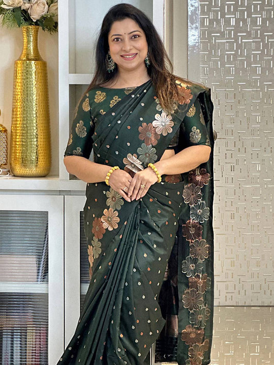 Dark Green Soft Silk Zari Woven Saree by My Store