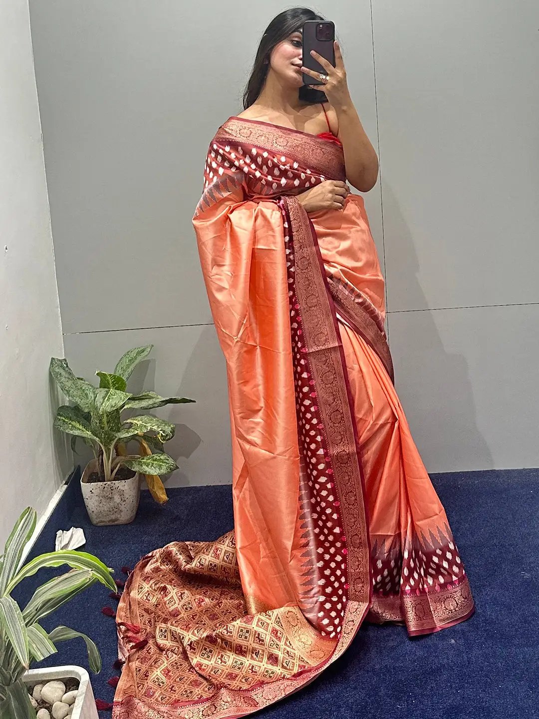 Pure Banarasi Soft Silk With Patola Pallu on Saree in Peach Colour by My Store