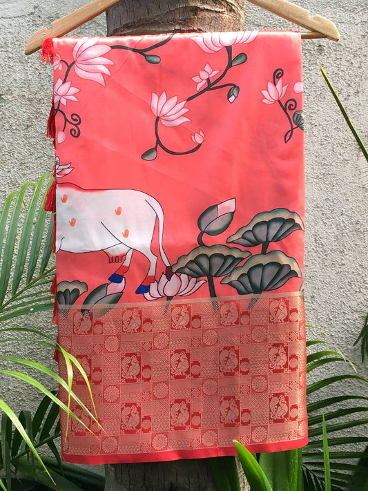 Silk Pichwai Digital Print Pink Saree by My Store