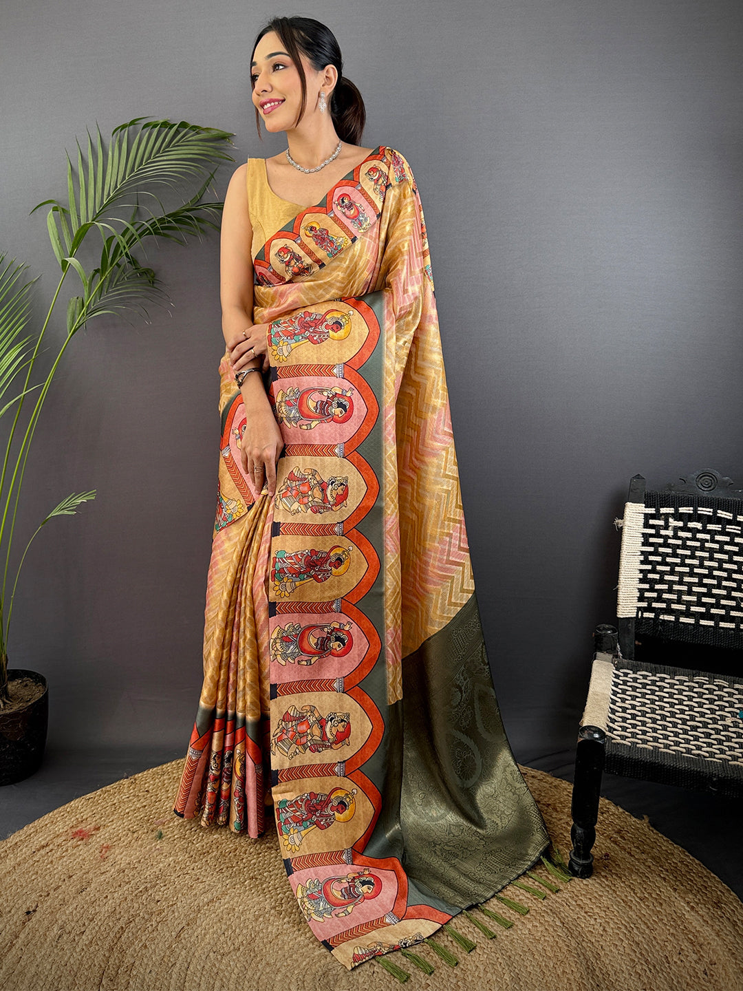 Mustard Yellow Madhubani Print Soft Silk Saree by My Store