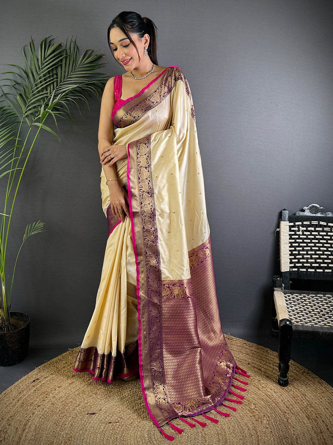Cream Soft Kanjivaram Silk Gadwal Saree by My Store